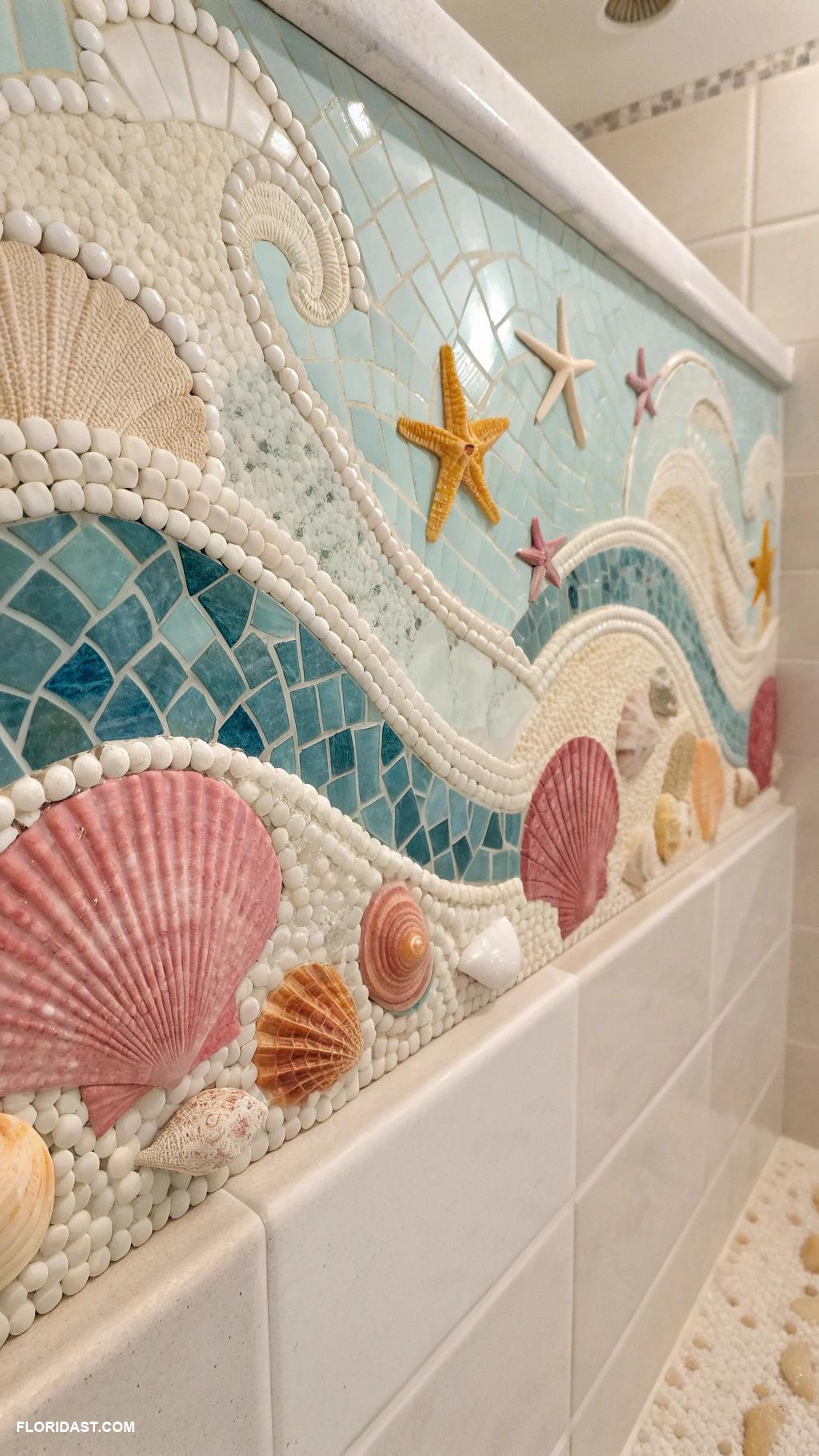 coastal bathroom tile ideas Seashell mosaic for shower backsplash