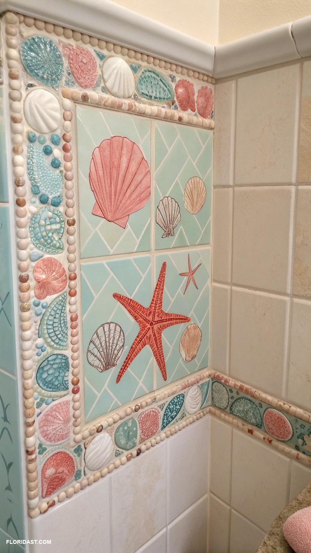 coastal bathroom tile ideas Starfish and shell print tiles