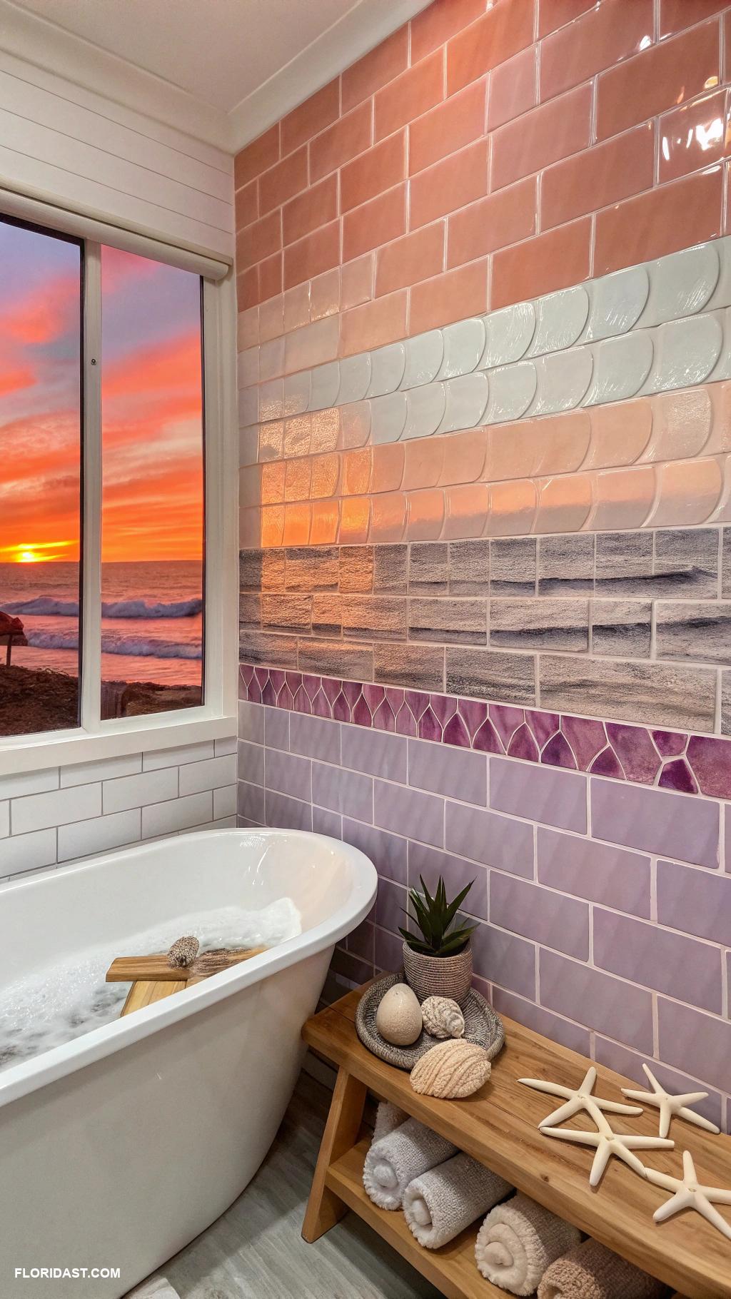 coastal bathroom tile ideas Sunset gradient tile accent wall