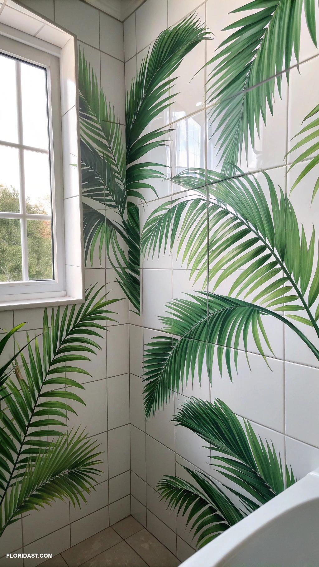 coastal bathroom tile ideas Tropical palm leaf motif wallpaper tiles