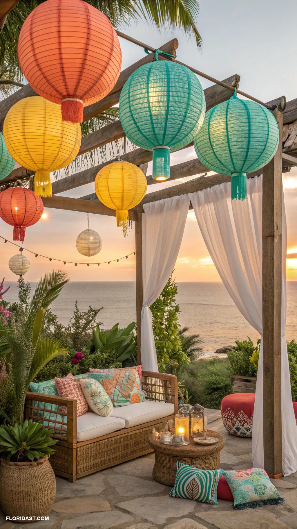 coastal boho decor ideas Brightly colored lanterns for outdoor spaces