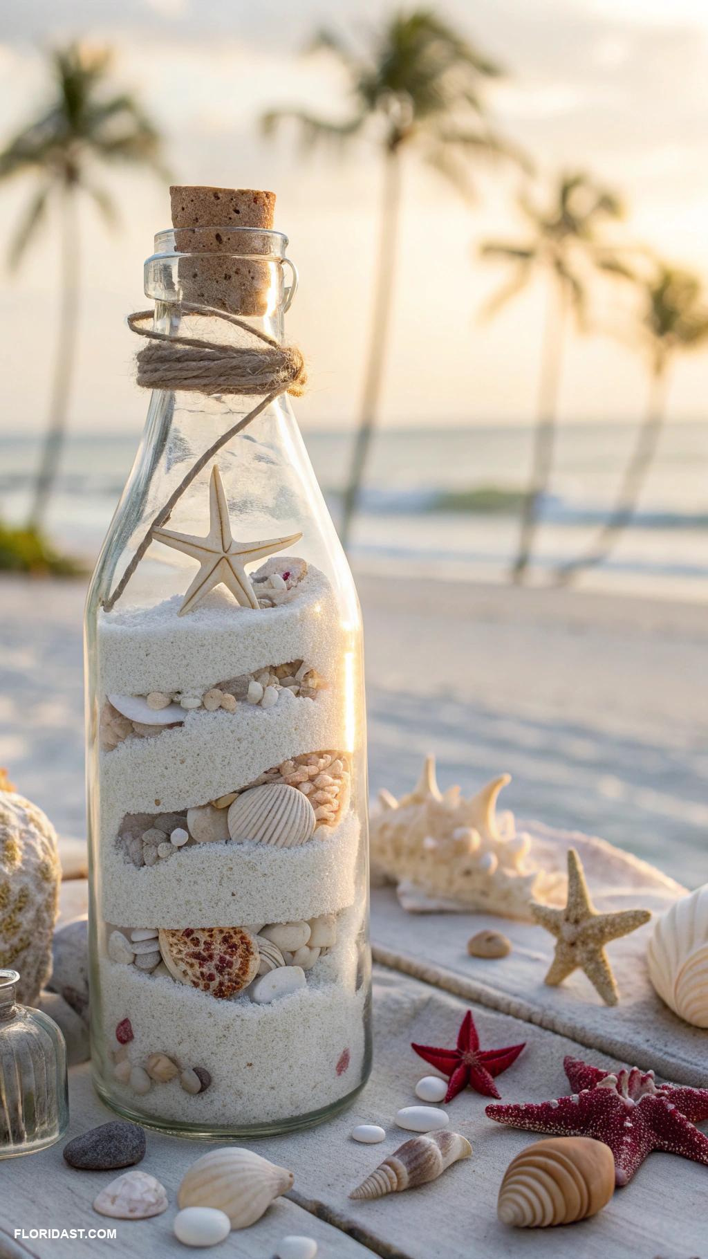 coastal boho decor ideas Glass bottles filled with sand and shells