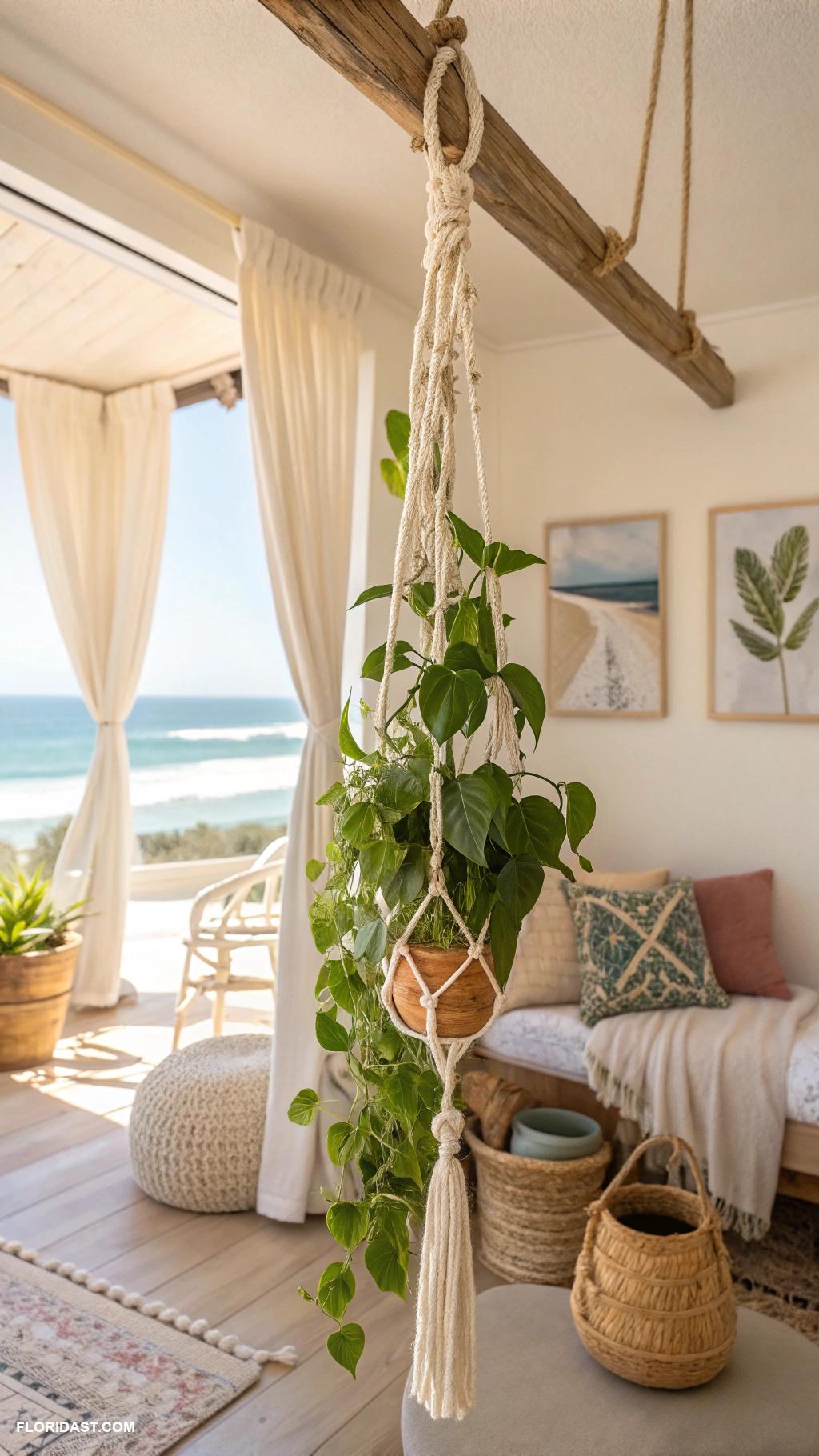 coastal boho decor ideas Macrame plant hangers for indoor greenery