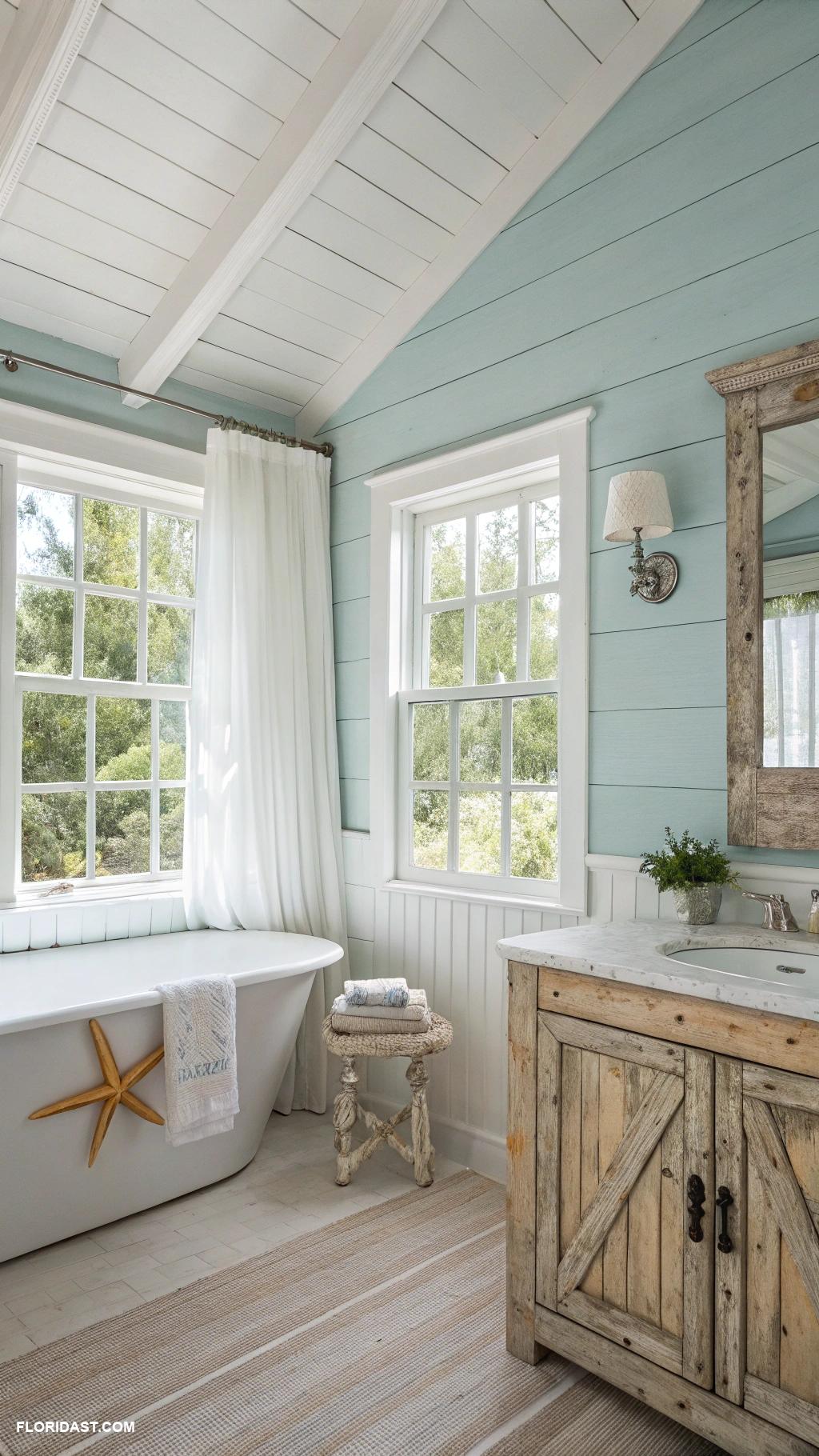 coastal farmhouse bathroom ideas Light blue shiplap accent walls