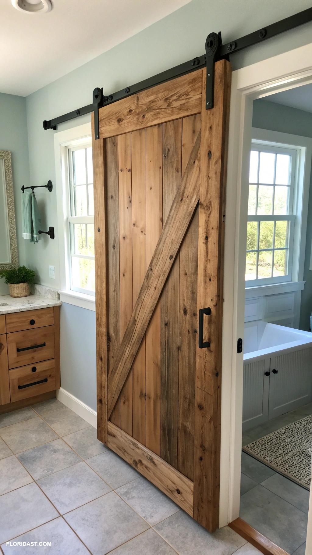 coastal farmhouse bathroom ideas Natural wood barn doors