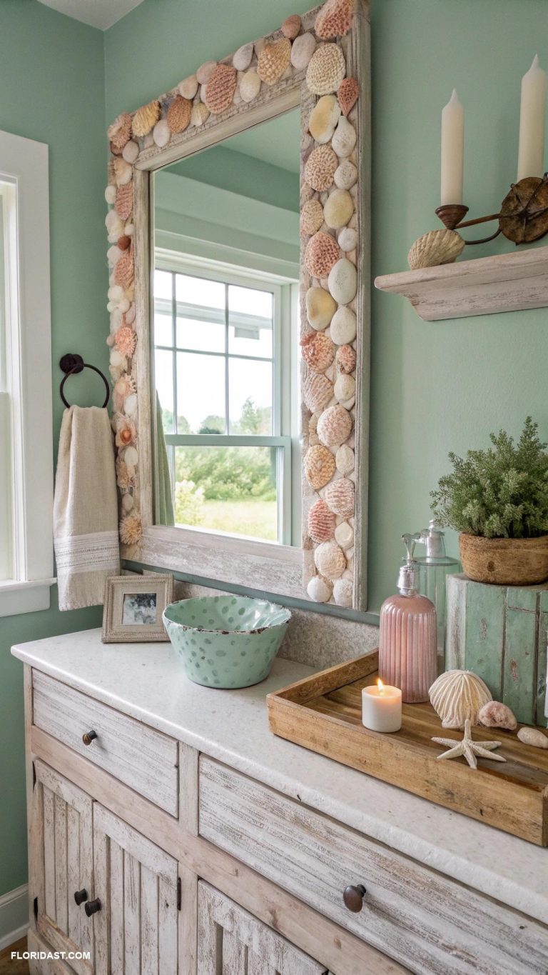 coastal farmhouse bathroom ideas Seashell framed mirrors