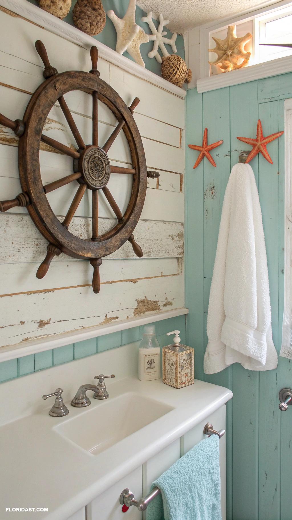 coastal farmhouse bathroom ideas Vintage nautical decor elements