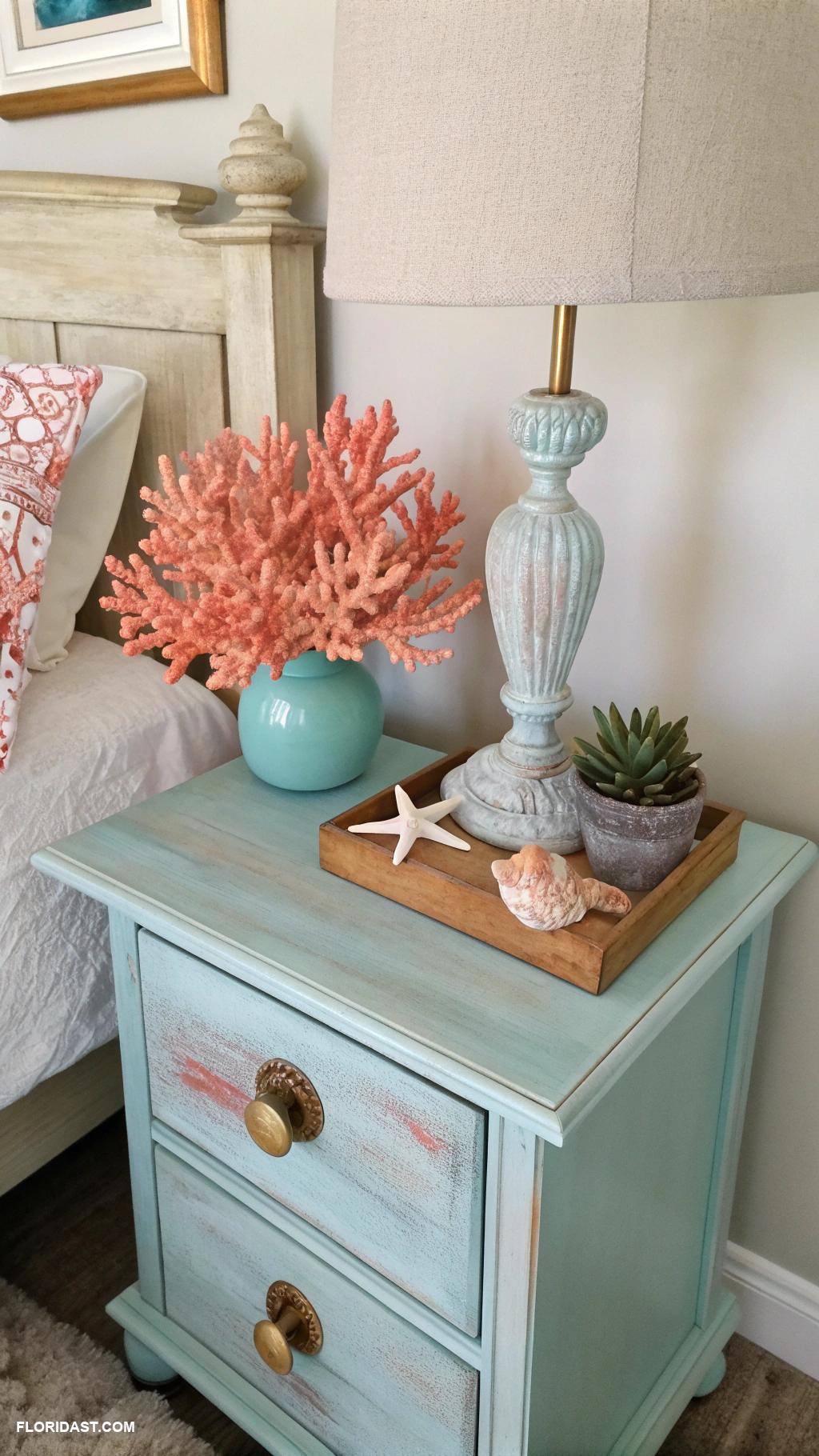 coastal nightstand decor Coral accent pieces