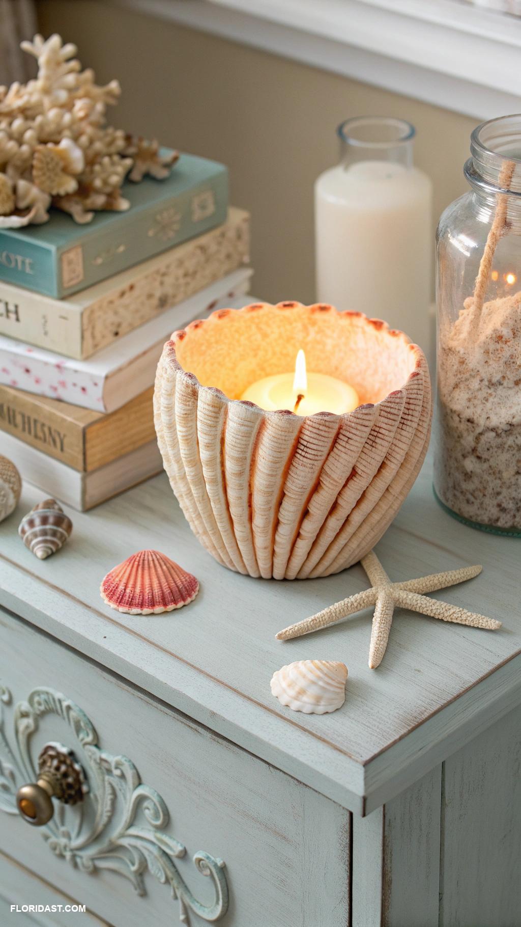 coastal nightstand decor Seashell candle holders