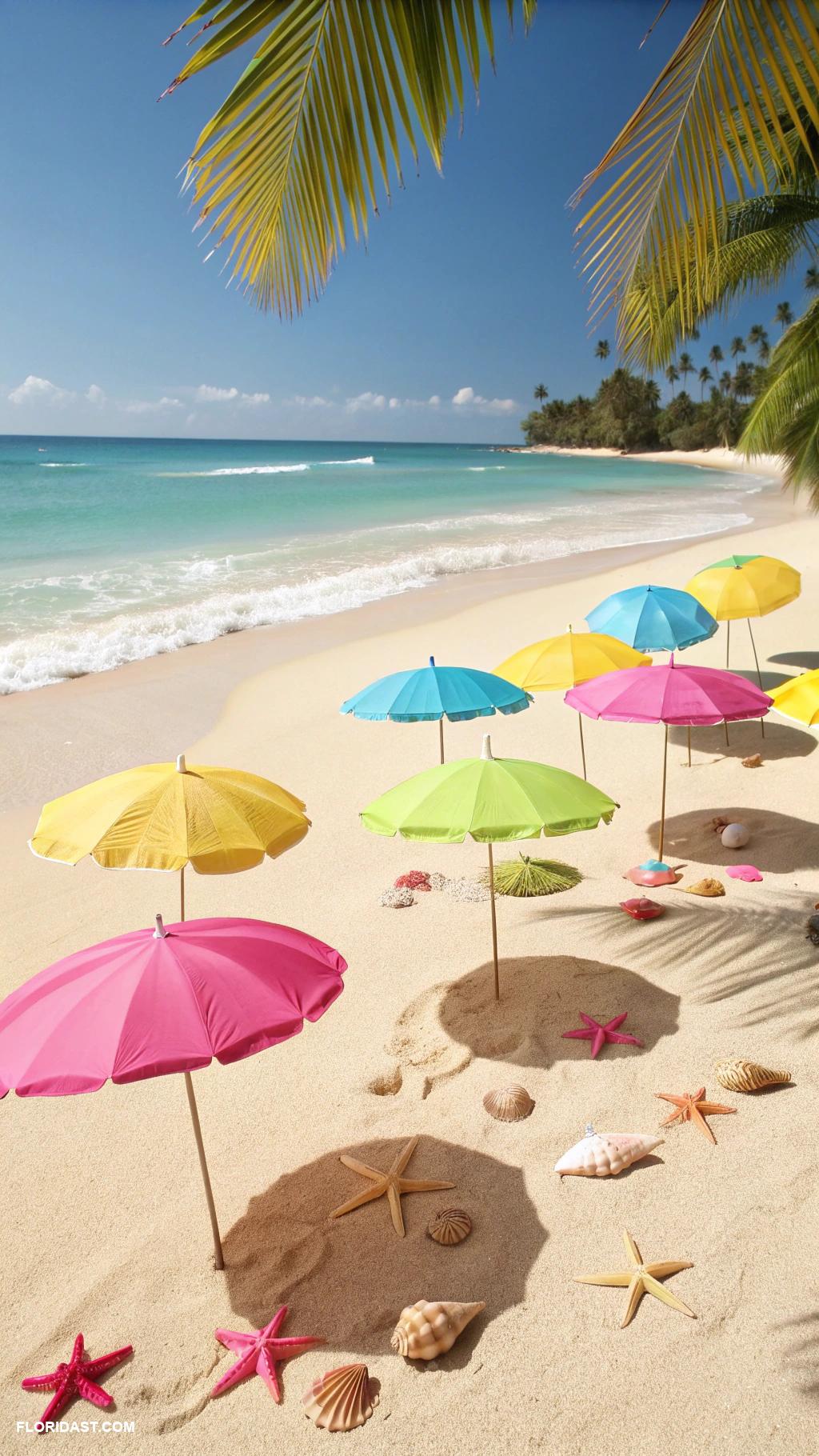 coastal painting ideas Colorful beach umbrellas on the sand