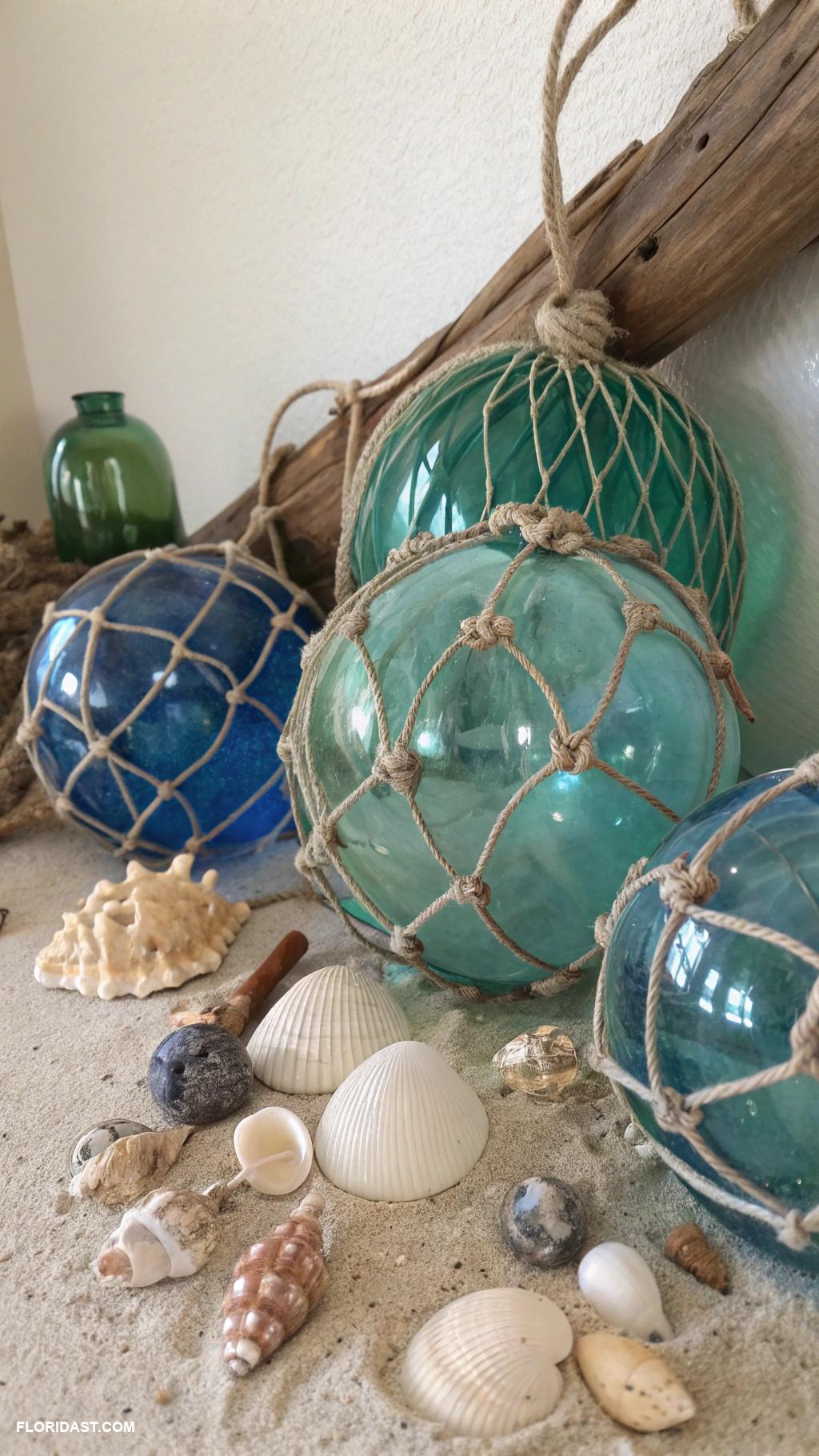 coastal wall decor ideas Glass fishing floats arrangement
