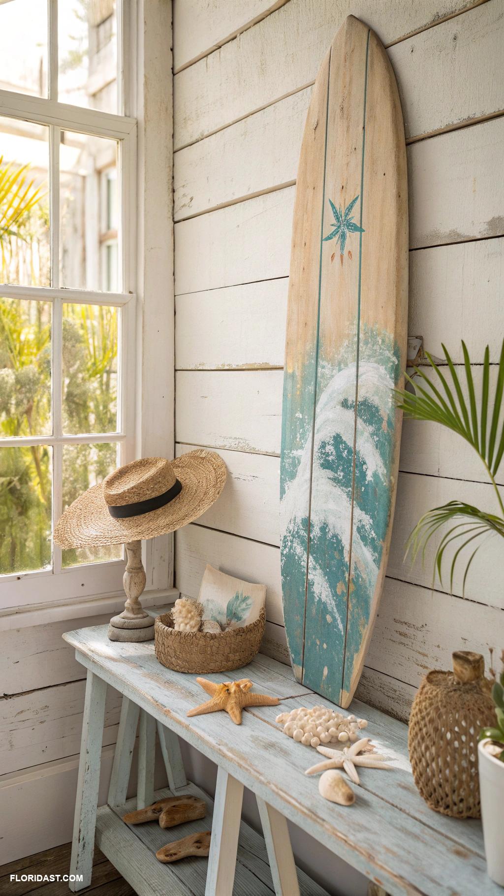 coastal wall decor ideas Rustic wooden surfboards decor