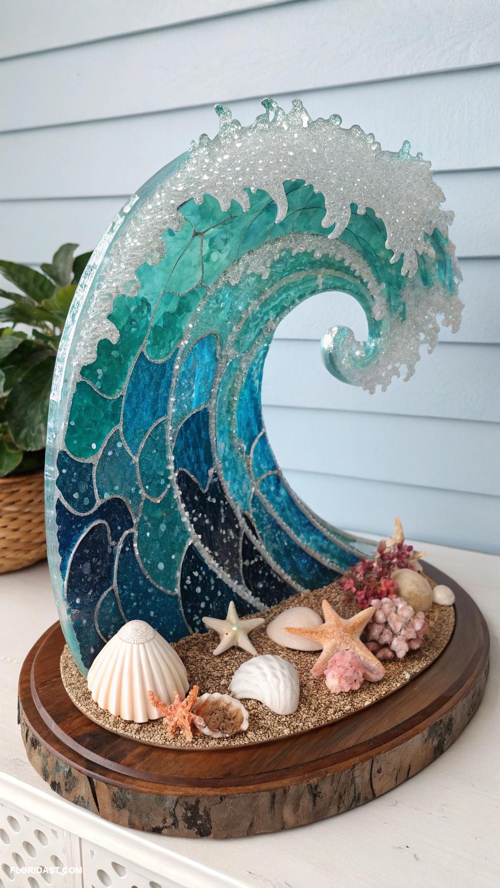 colorful coastal decor Ocean wave sculpture centerpiece