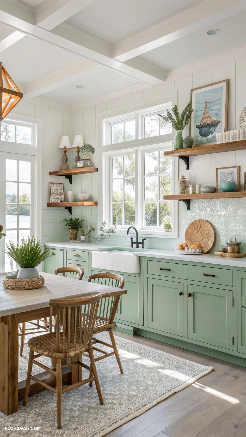 green kitchens Coastal colors with natural wood accents