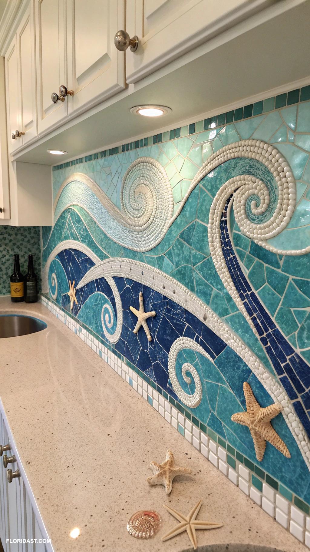 kitchen backsplash ideas Ocean inspired glass mosaic pattern