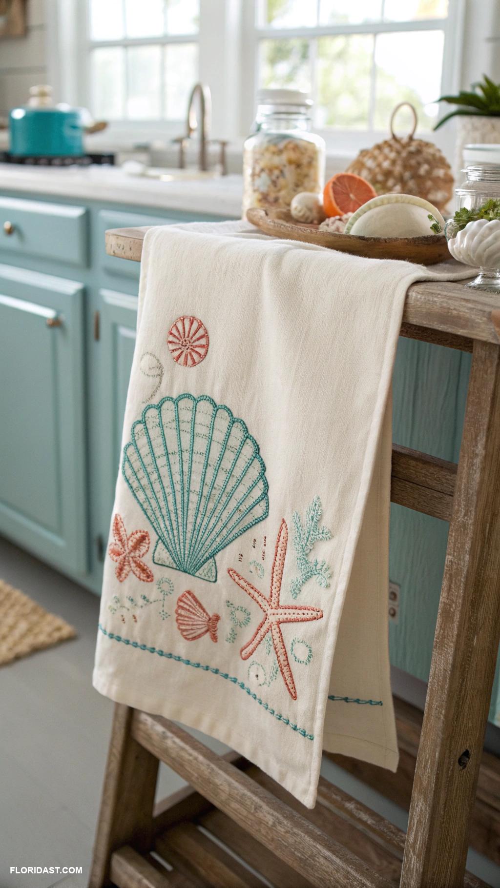 linen home decor Seashell embroidered kitchen towels