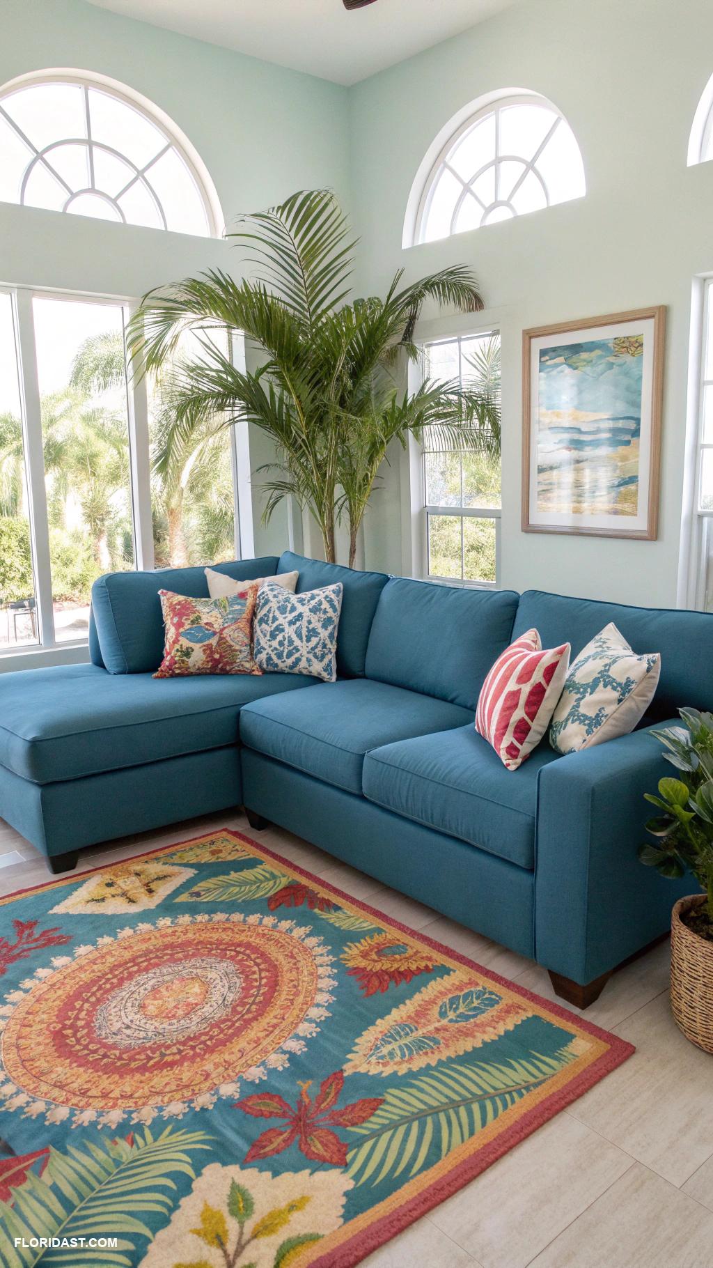 living room with blue sofa design Bright area rug under blue sectional seating