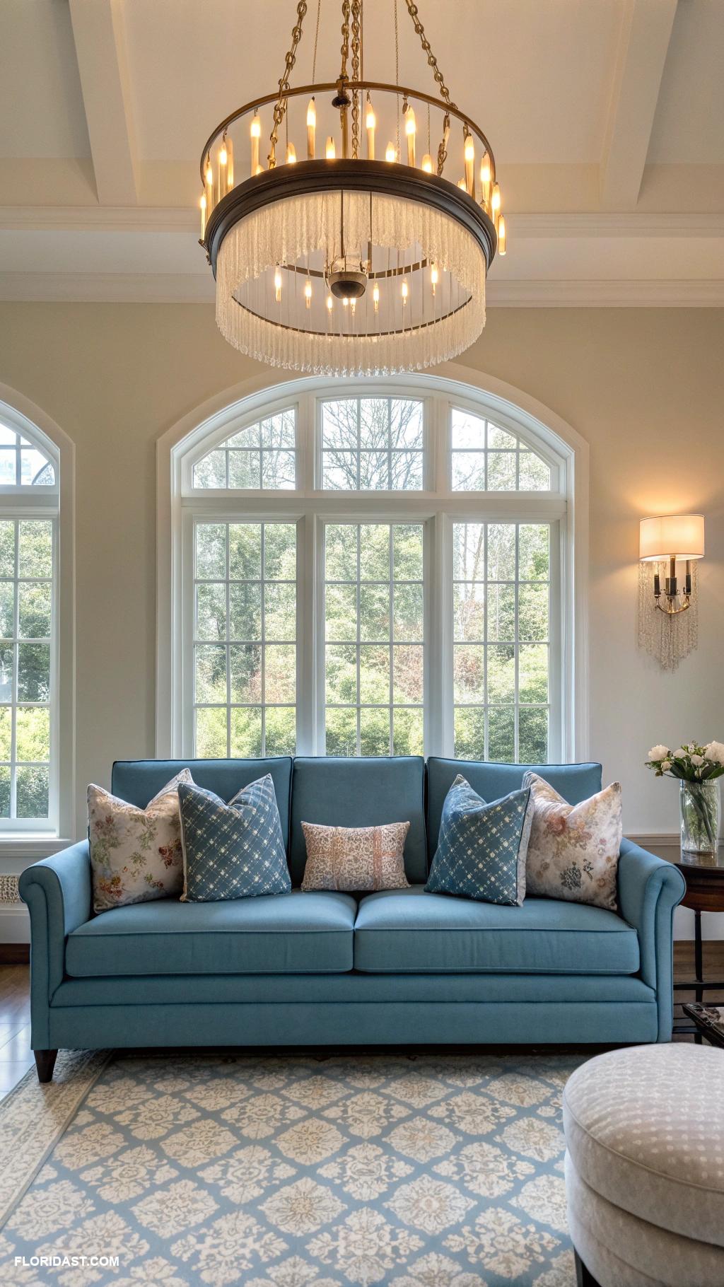 living room with blue sofa design Elegant lighting fixtures above blue sofa arrangement