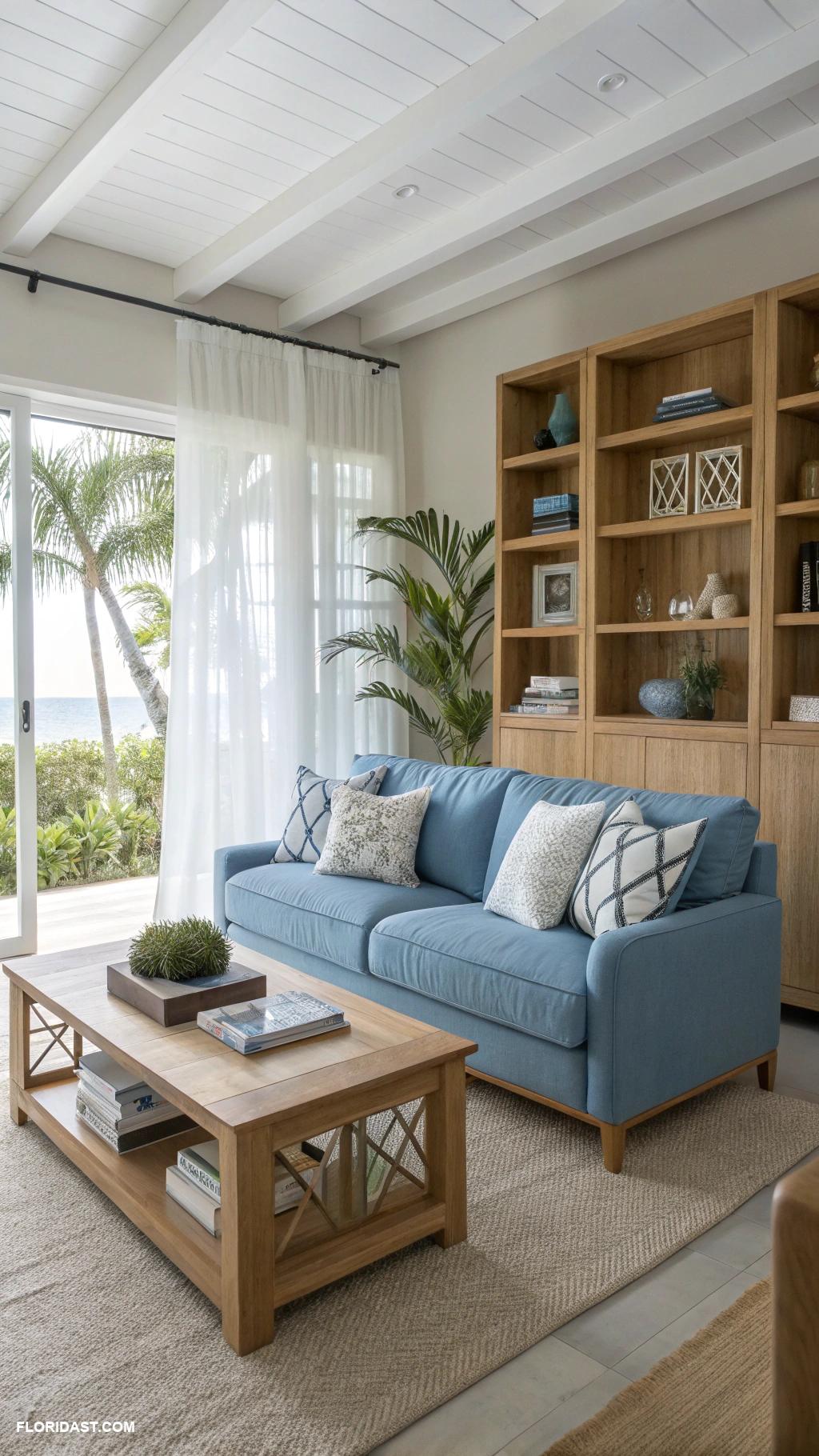 living room with blue sofa design Light wood furniture paired with blue fabric sofa
