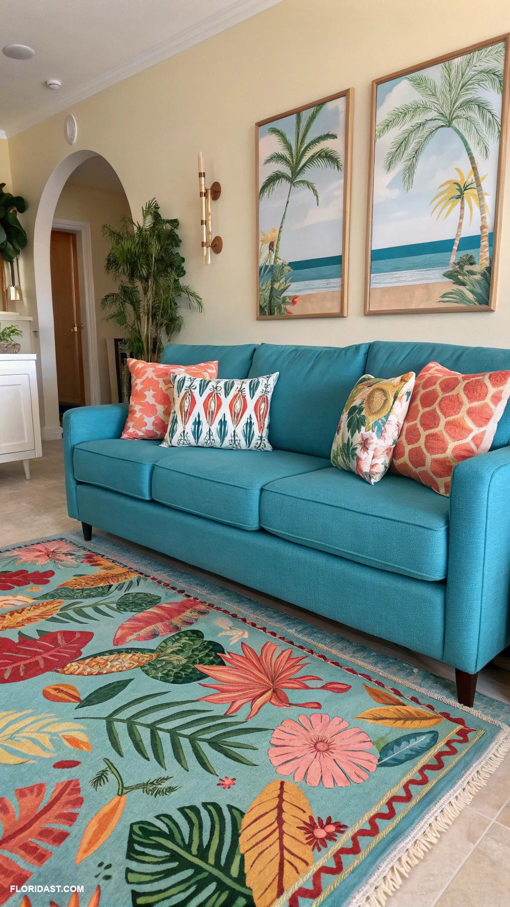 living room with blue sofa design Mixing prints with tropical and geometric patterns