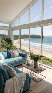 living room with blue sofa design Natural light with large windows and coastal views