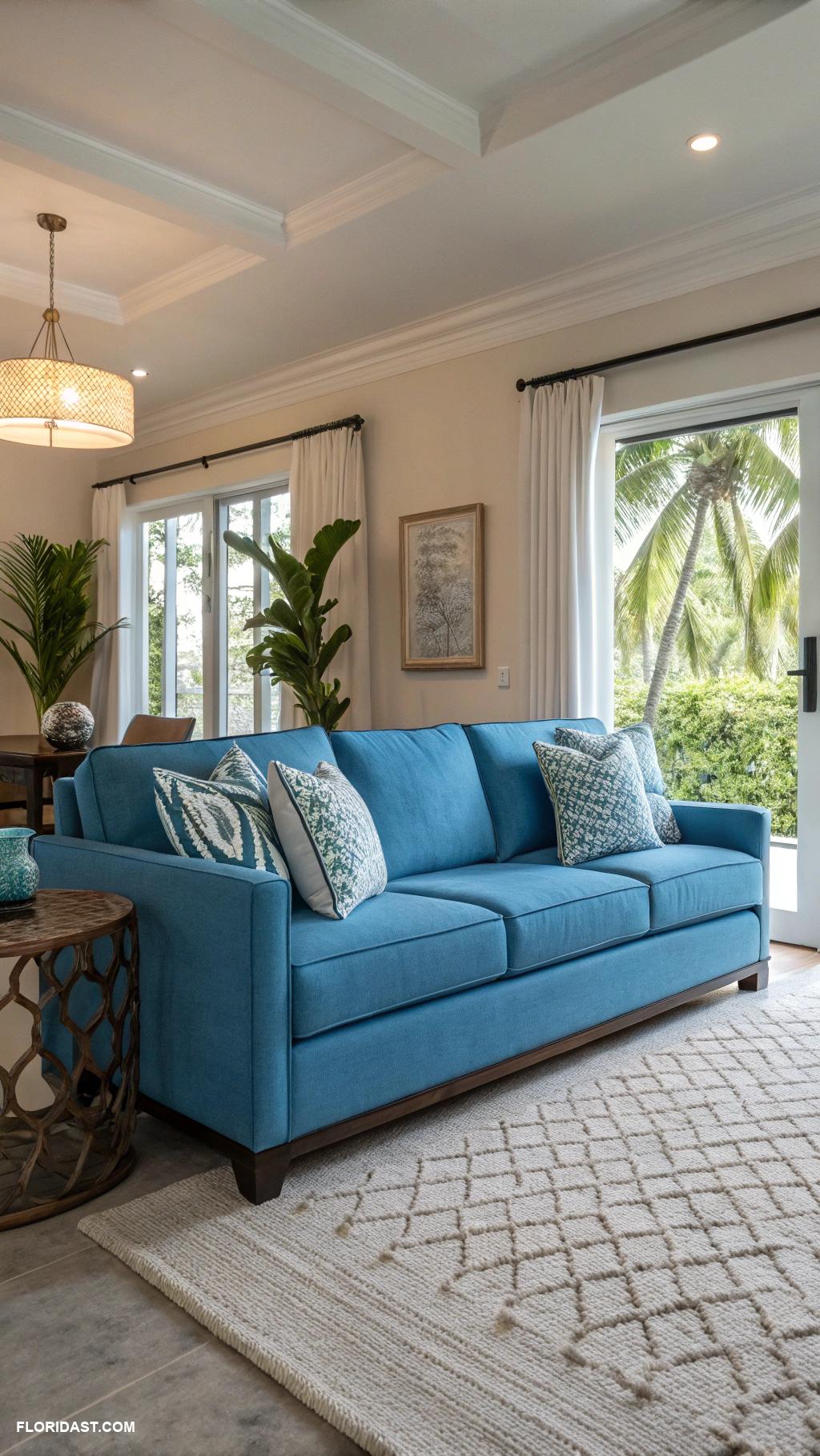 living room with blue sofa design Neutral walls contrasting with vibrant blue seating