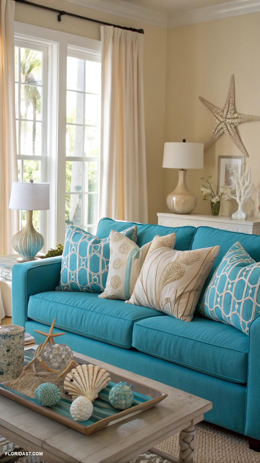 living room with blue sofa design Seashell ornaments and ocean colored throw pillows