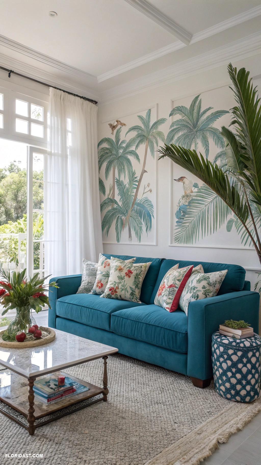 living room with blue sofa design Tropical decor with palm prints and blue accents