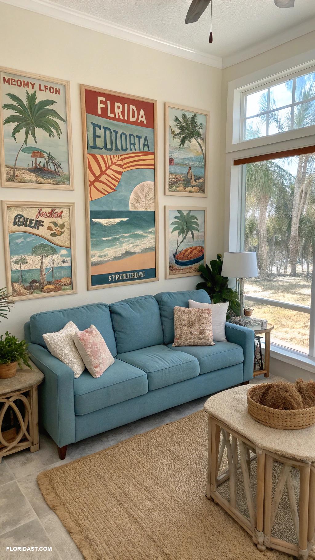 living room with blue sofa design Vintage beach art on walls with blue sofa