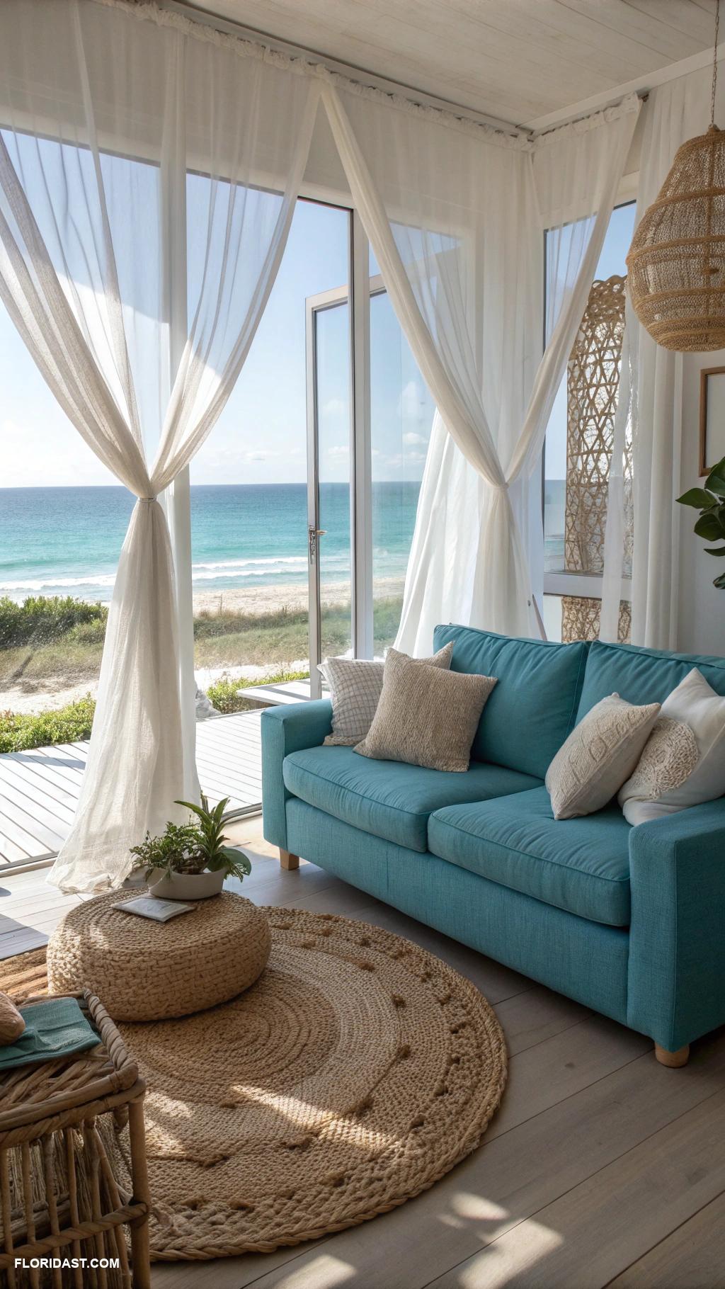 living room with blue sofa design Woven textures and airy curtains for seaside vibes