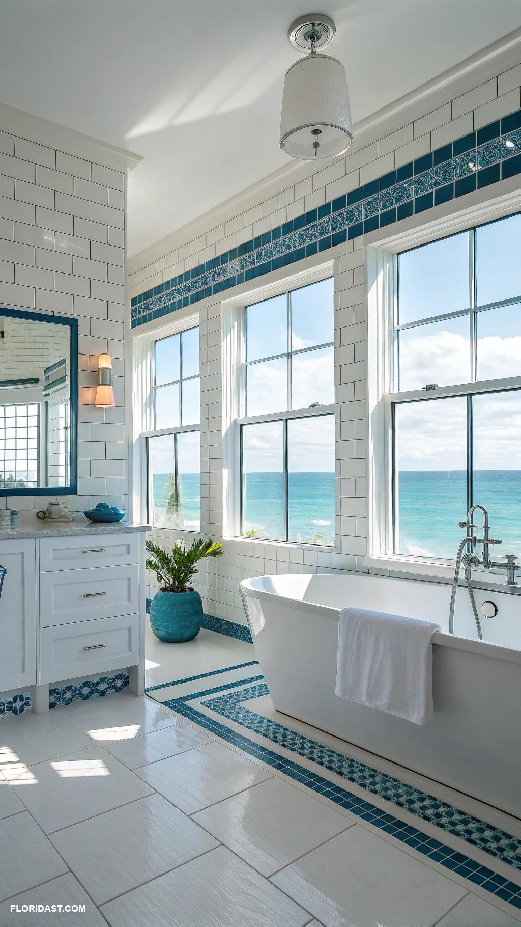 modern coastal bathrooms Sleek white tile with ocean blue accents