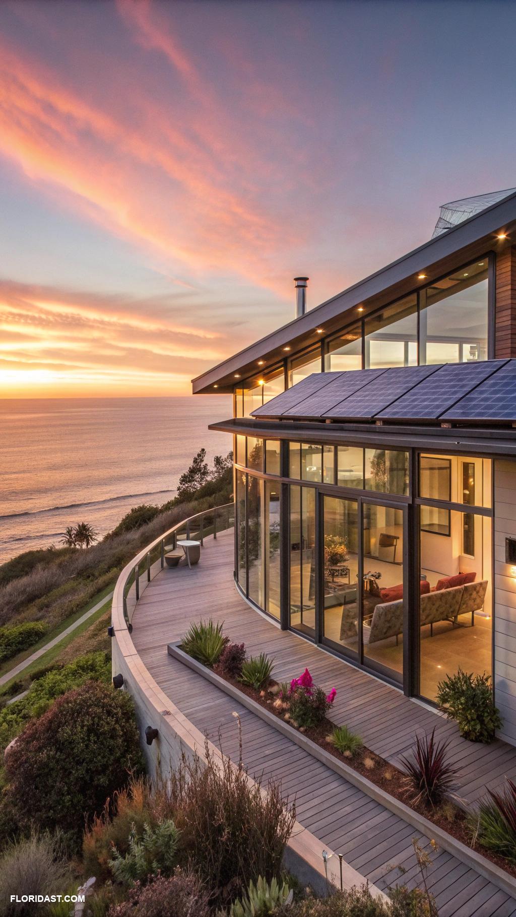 modern coastal homes Sleek glass facade with sustainable features