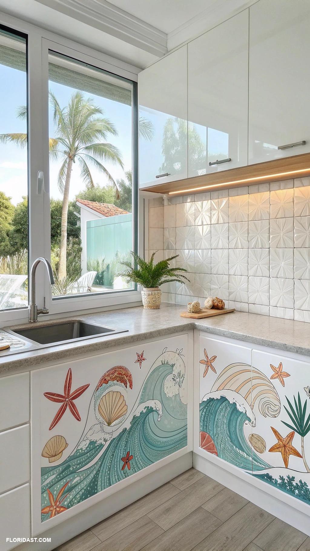 ocean wave kitchen backsplash ideas Beach themed decals on white backsplash