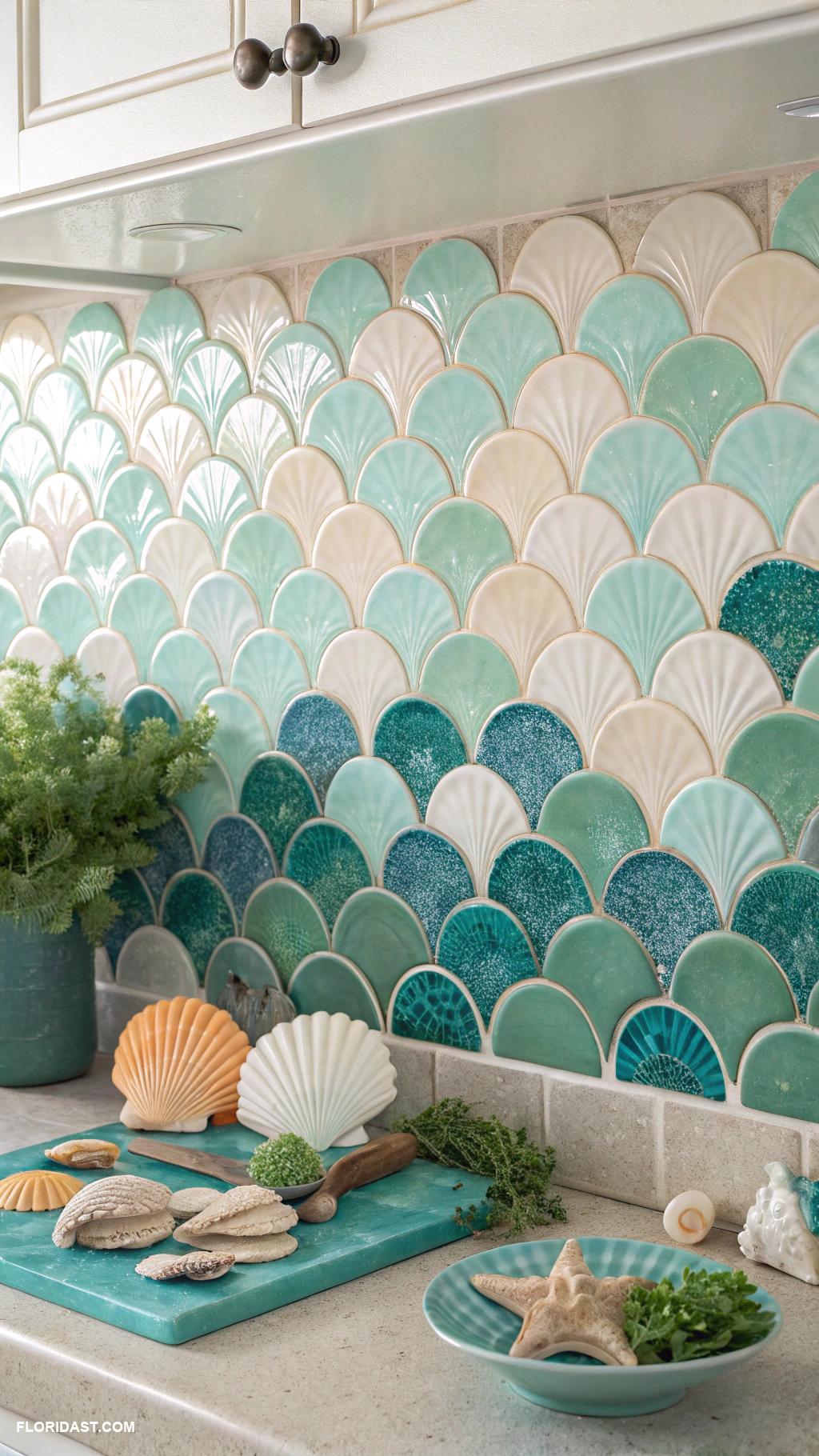 ocean wave kitchen backsplash ideas Fish scale tiles for a fun seaside vibe