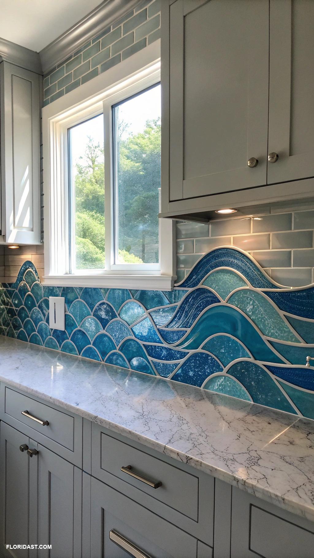 ocean wave kitchen backsplash ideas Ocean blue glass tiles for a sleek look
