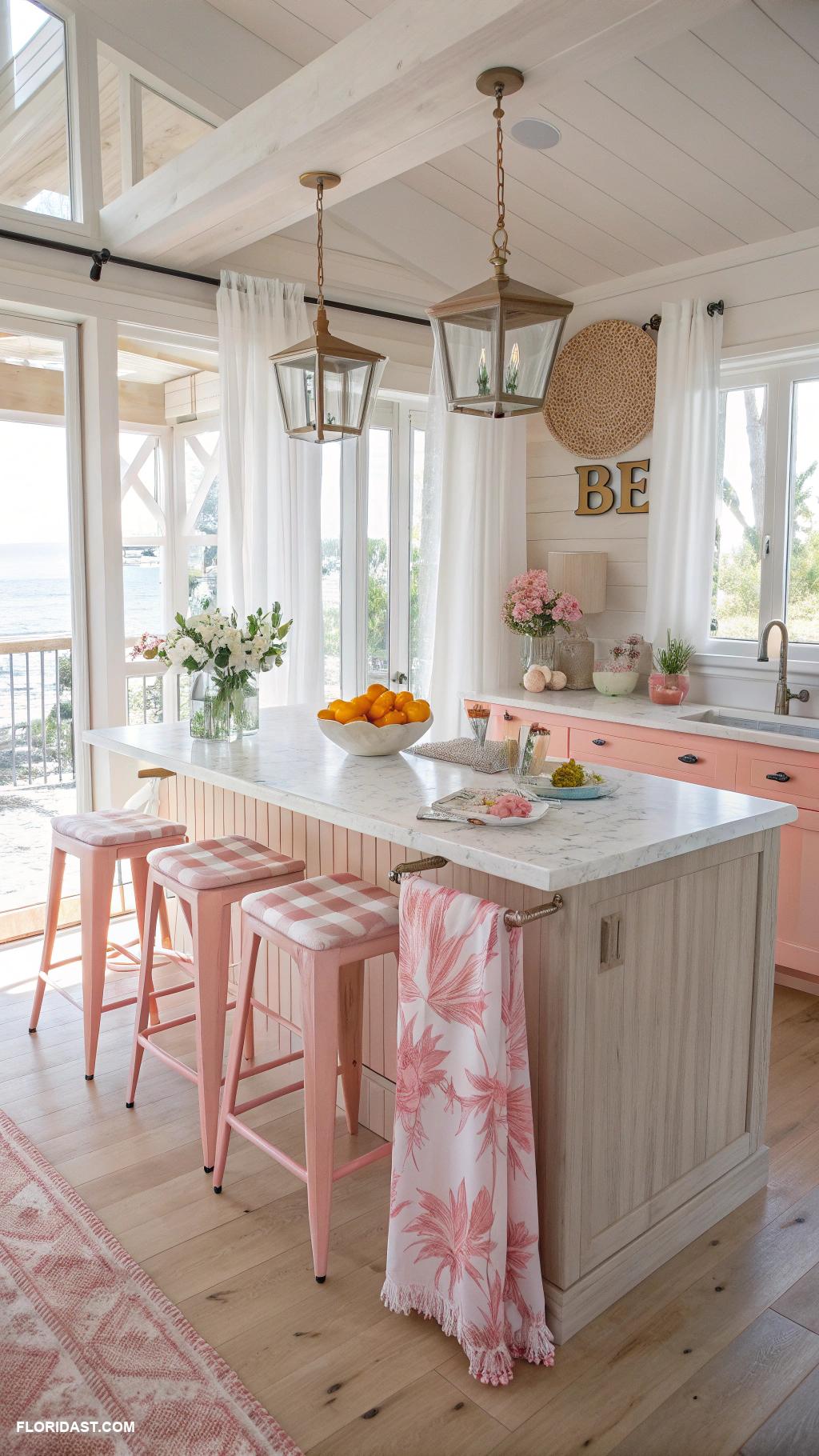 pink coastal kitchens Beachy pastel pink accents throughout