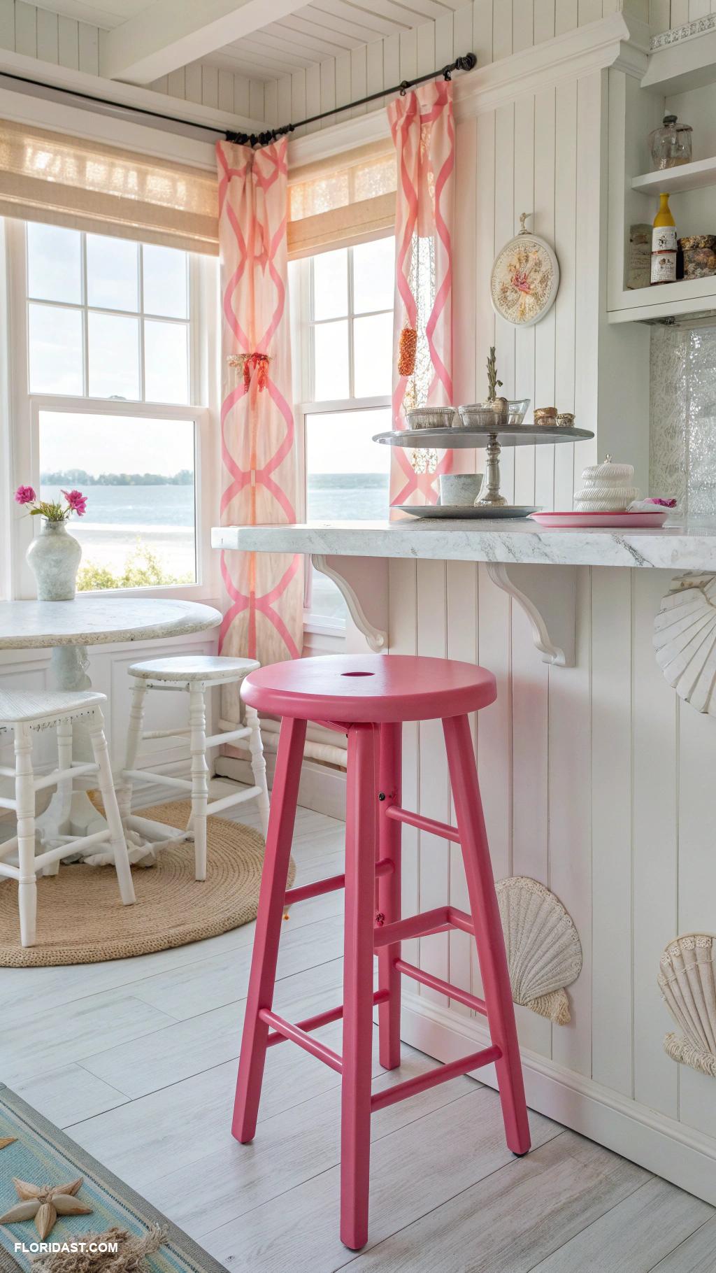 pink coastal kitchens Bright pink bar stools by breakfast nook