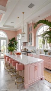 pink coastal kitchens Open concept with tropical pink decor