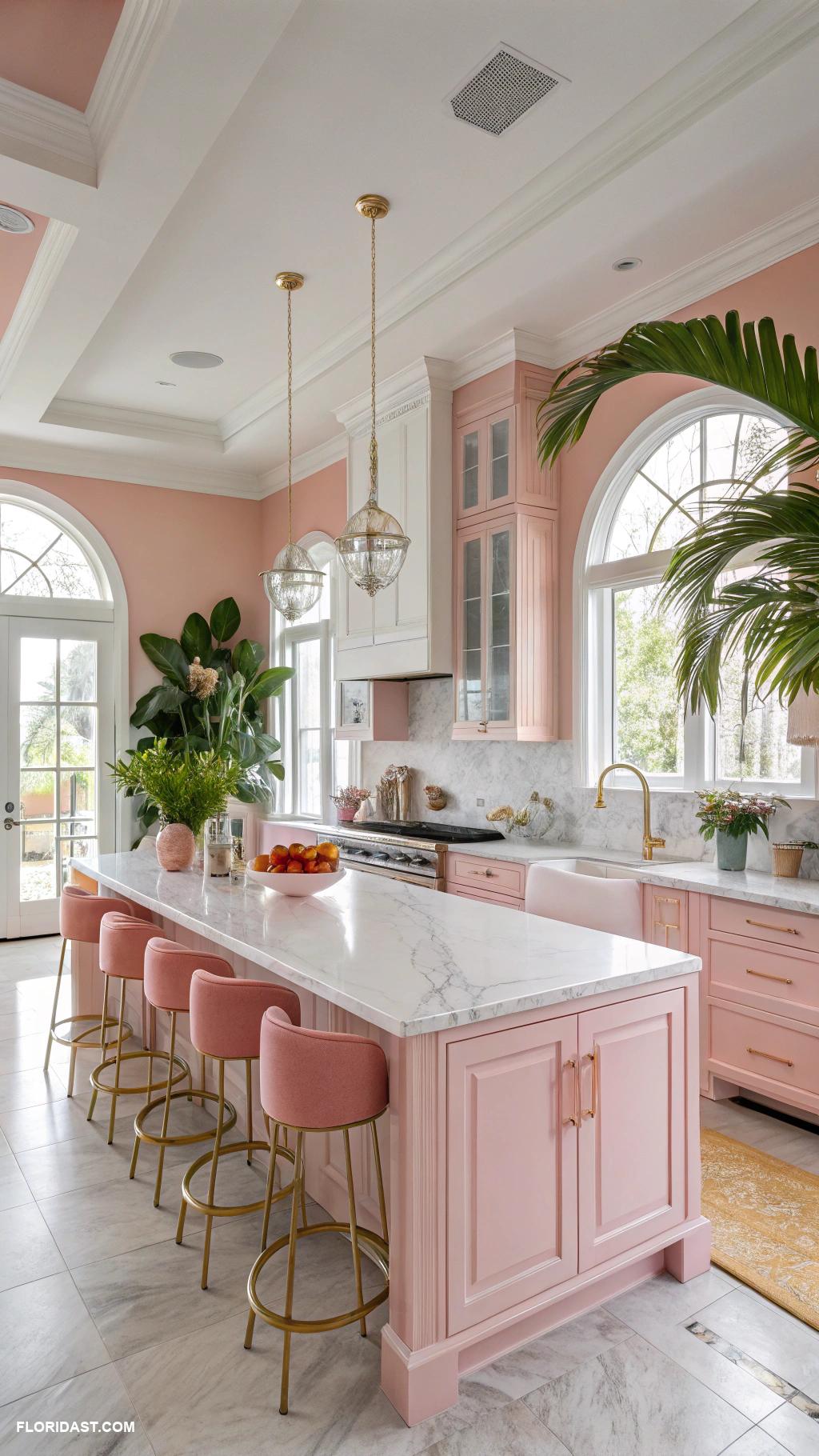 pink coastal kitchens Open concept with tropical pink decor
