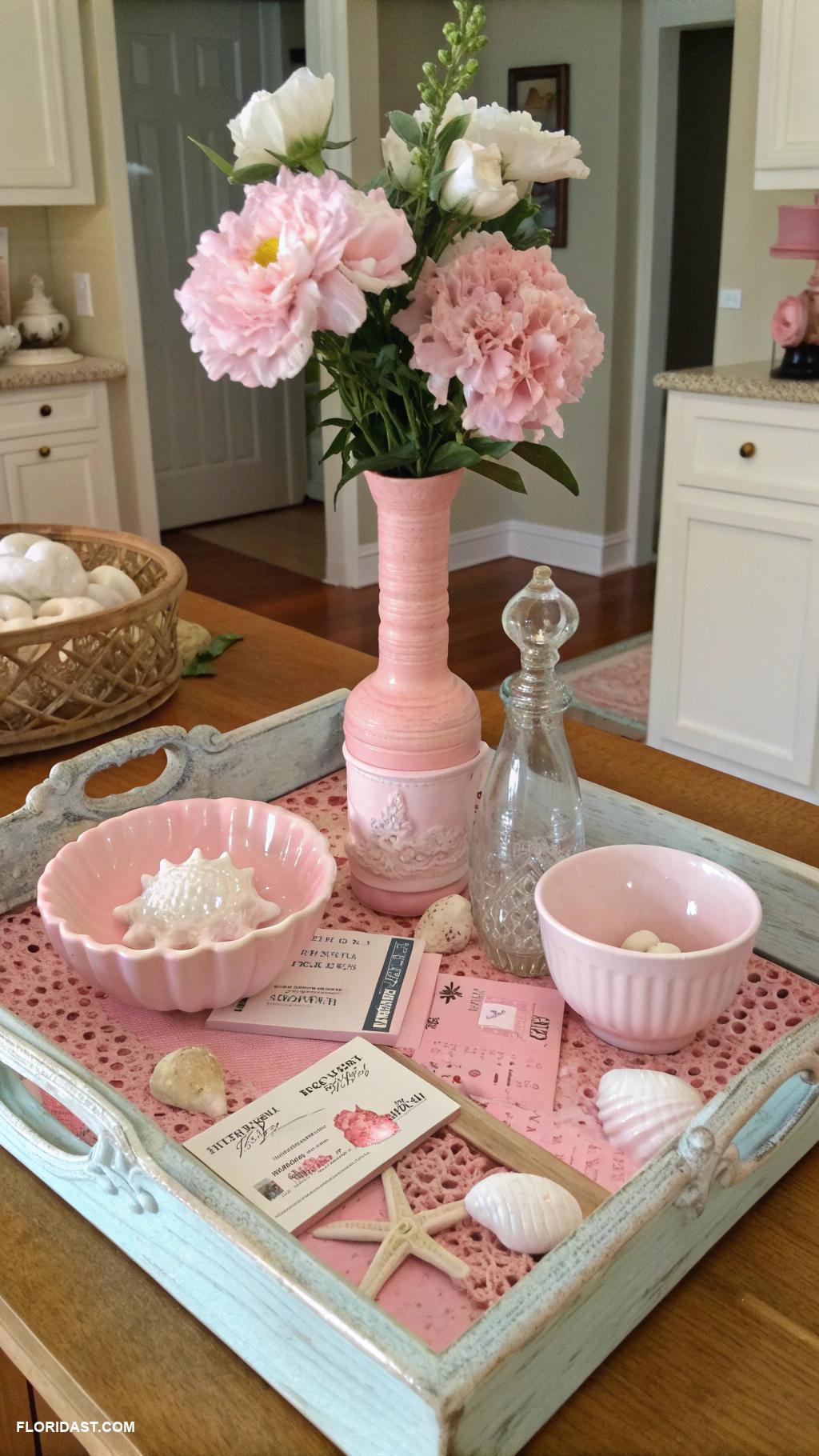 pink coastal kitchens Shabby chic pink island centerpiece