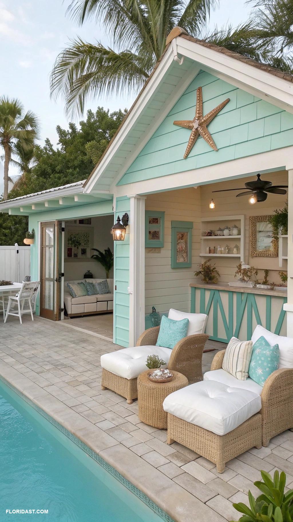 pool house guest house combo Beach themed decor and coastal colors