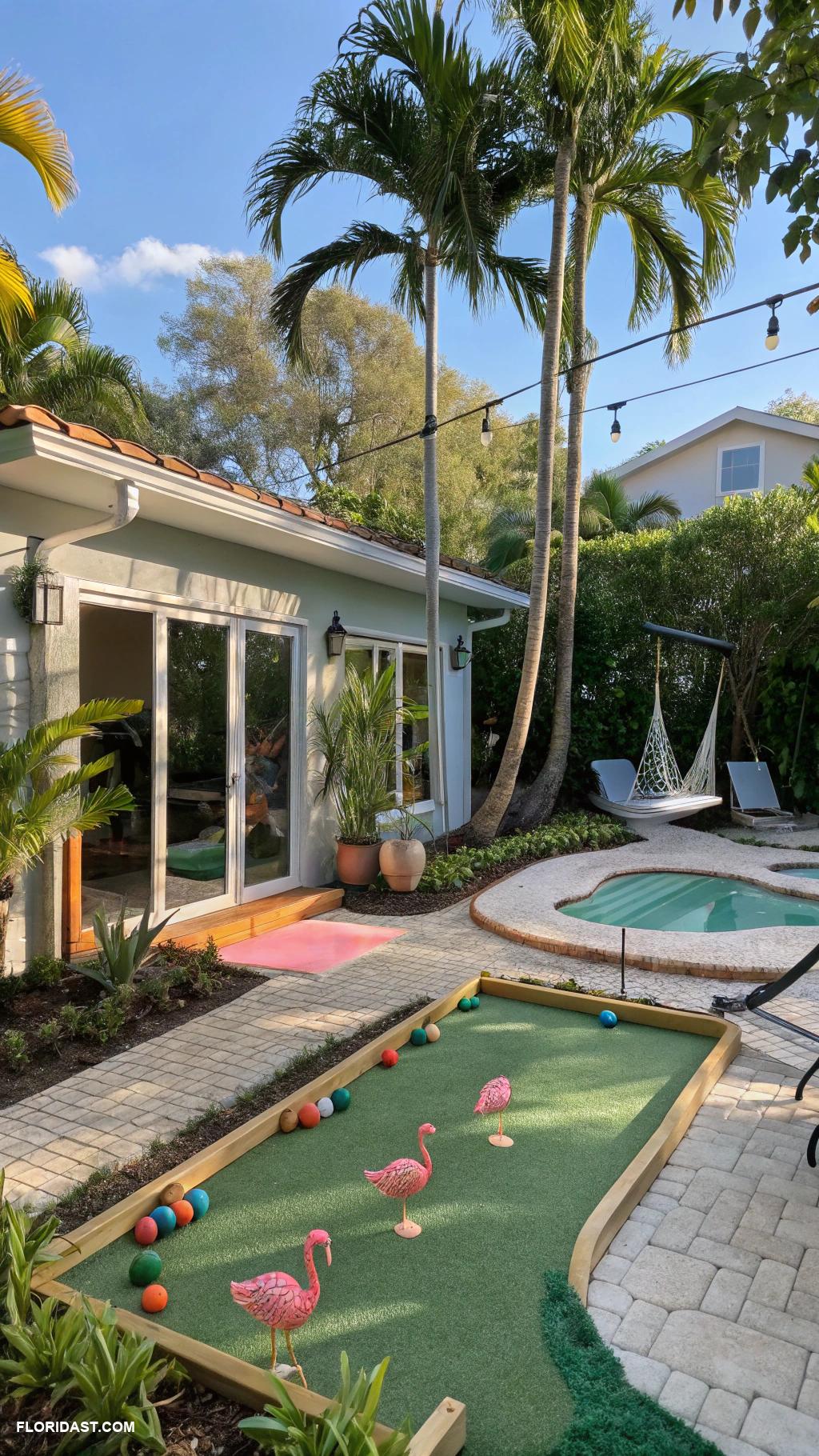 pool house guest house combo Mini golf setup in the backyard