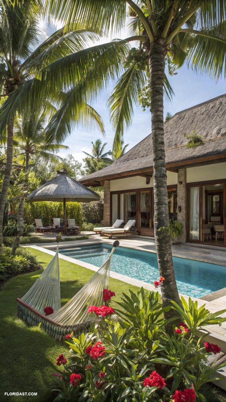 pool house guest house combo Tropical oasis with palm trees and hammocks