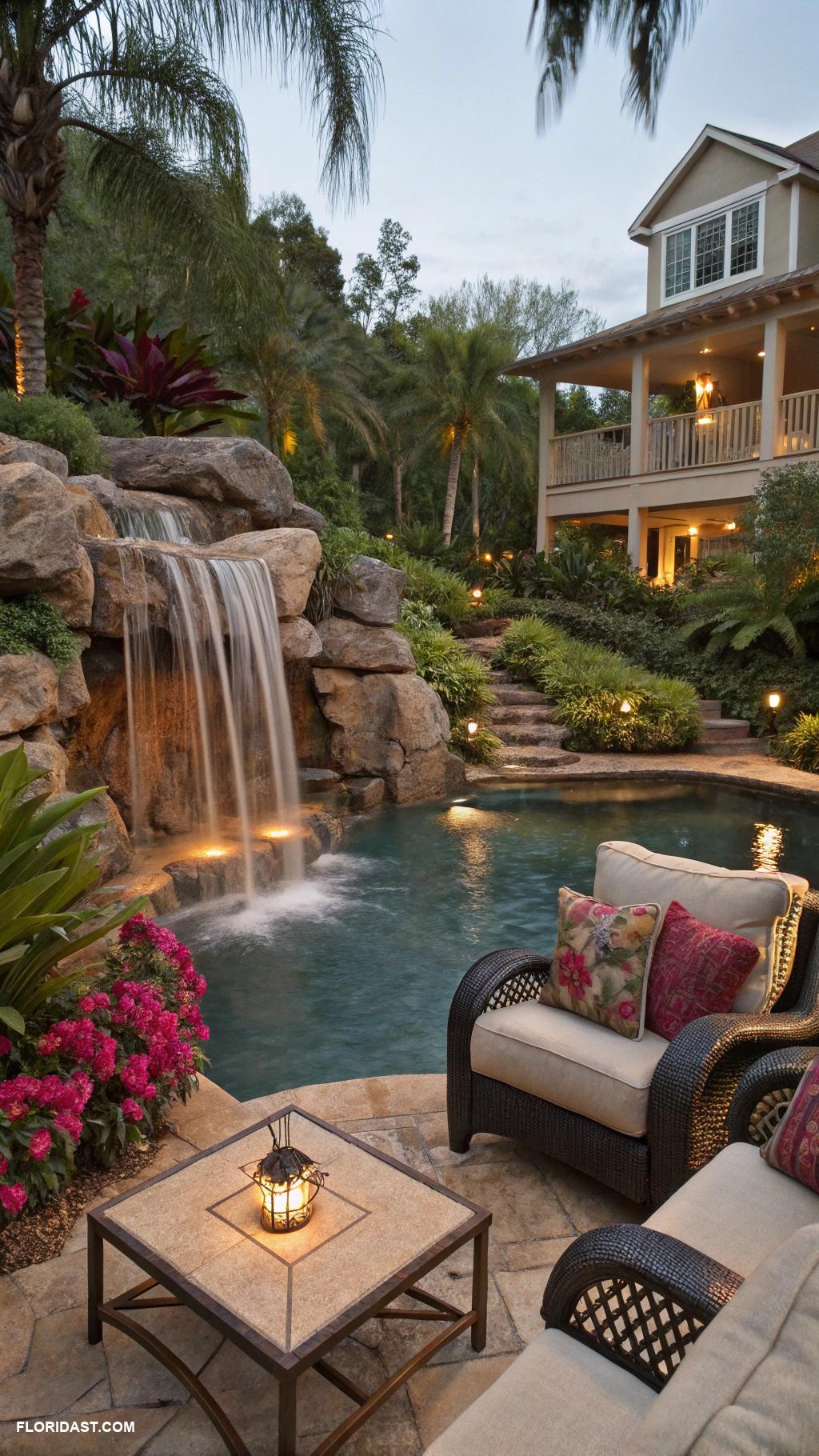 pool house guest house combo Waterfall feature for relaxation and ambiance