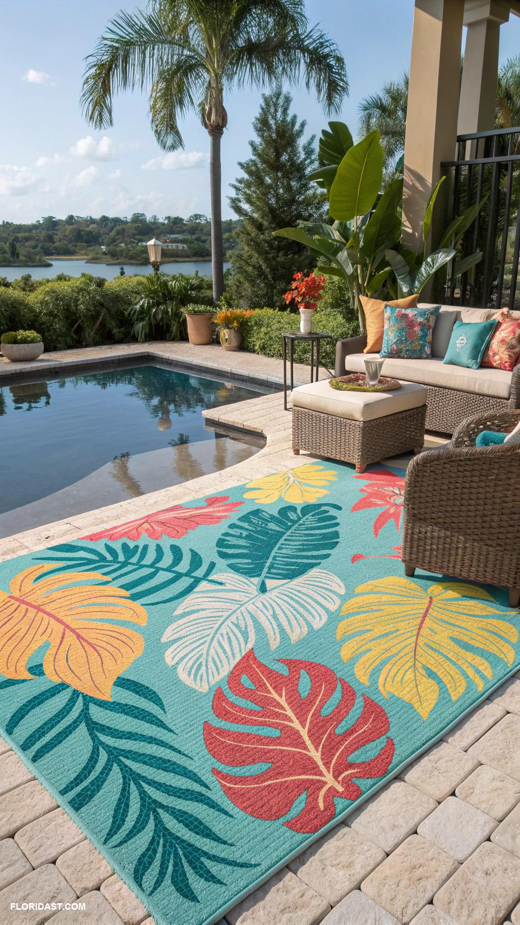 pool patio ideas Outdoor rug for added comfort and color