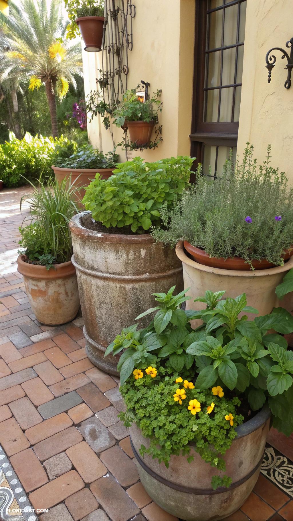 small courtyard gardens Herb garden in vintage containers