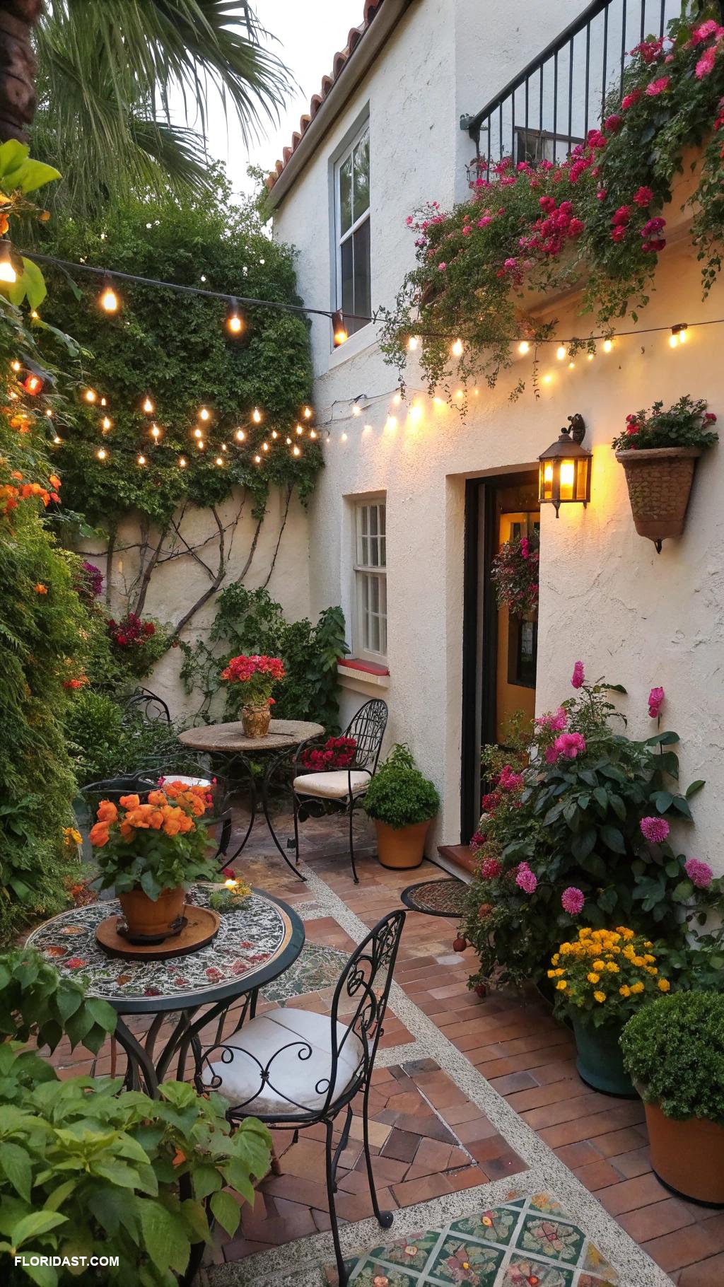 small courtyard gardens Patio with string lights and vibrant flowers