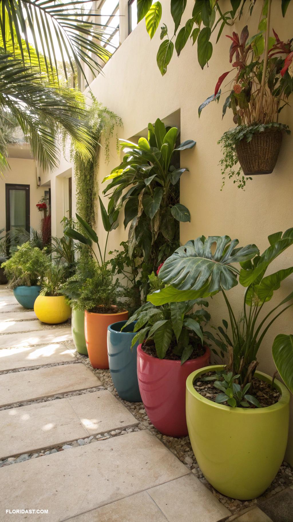 small courtyard gardens Tropical plants in colorful pots