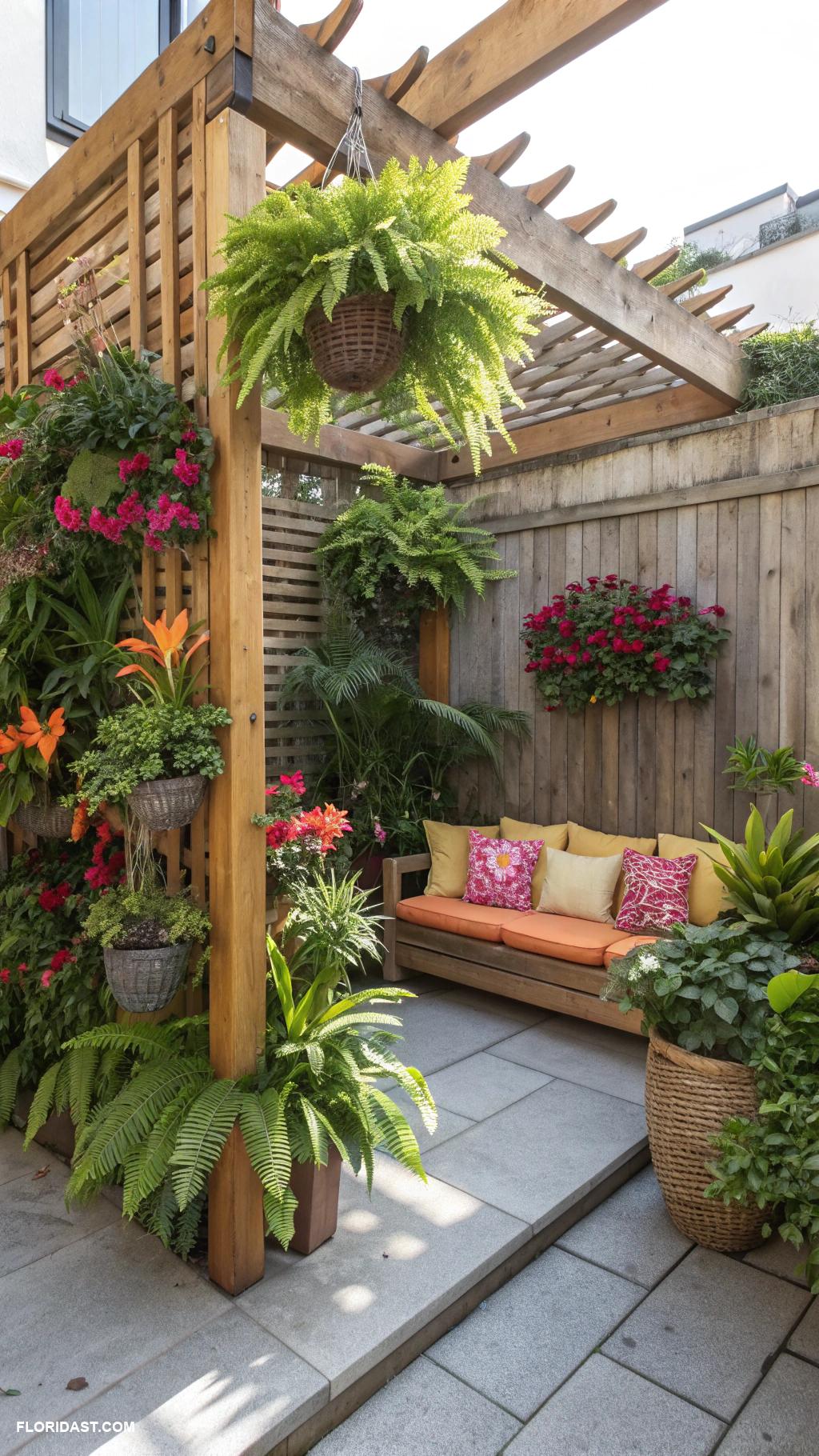 small courtyard gardens Vertical garden on a wooden trellis