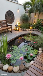 small courtyard gardens Water feature with aquatic plants